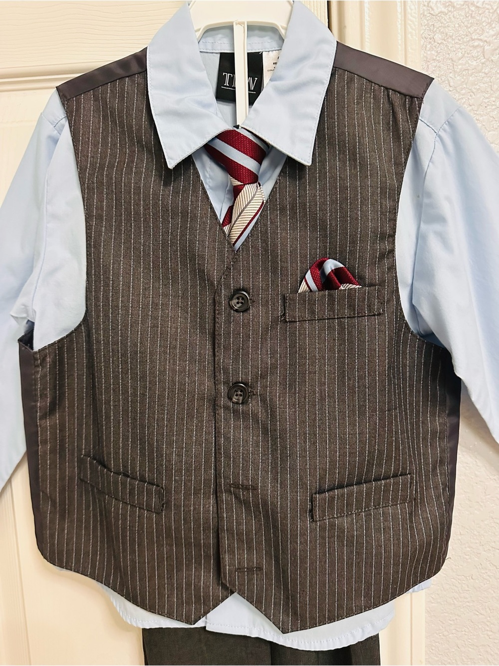 Boys Gray Pinstripe Vest with Light Blue Shirt and Red Tie - Formal Set